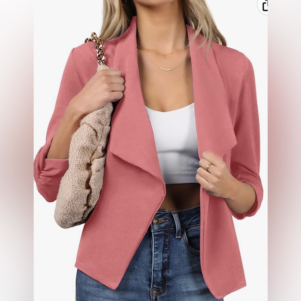 Doublju Casual Work Rouched 3/4 Sleeve Blazer, light pink, size small